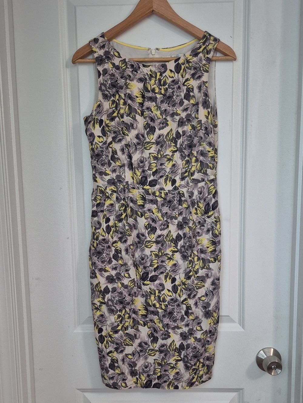 Boden Floral Sleeveless Sheath Dress in Yellow and Gray